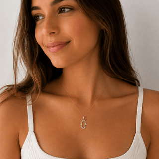18K Gold Small Zirconia Open Fatima Hamsa Hand Pendant