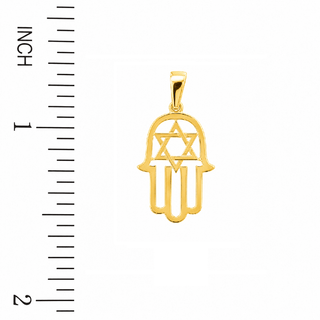 18K Solid Yellow Gold Polished Open Star David Hamsa Hand Pendant