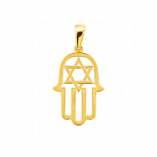 18K Solid Yellow Gold Polished Open Star David Hamsa Hand Pendant