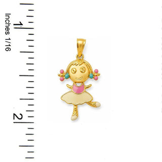 18K Solid Yellow Gold Enamel Ballerina Girl Pendant