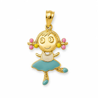 18K Solid Yellow Gold Enamel Ballerina Girl Pendant