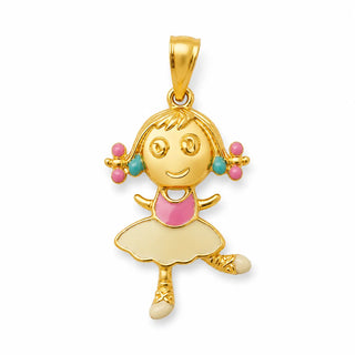 18K Solid Yellow Gold Enamel Ballerina Girl Pendant