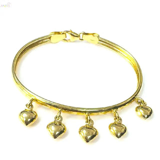 18K Yellow Gold Hard Bangle Bracelet with Dangling Hearts (Copy)