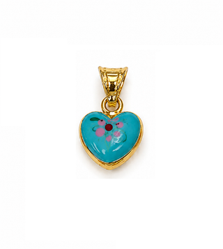 18K Solid Yellow Gold Enamel Puffy Heart Pendant Charms with Flowers