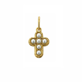18K Solid Yellow Gold Tiny Pearls Casting Cross Pendant