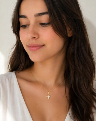 18K Solid Yellow Gold Tiny Pearls Filigree Cross Pendant