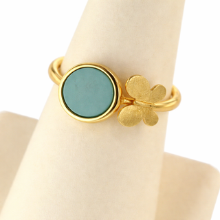 18K Solid Yellow Gold Turquoise and Satin Butterfly Ring