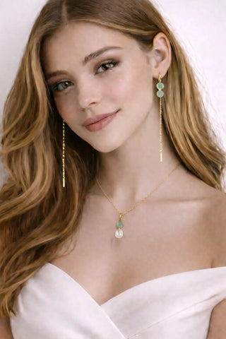 18K Solid Yellow Gold Green or Pink Quartz Thread Earrings 