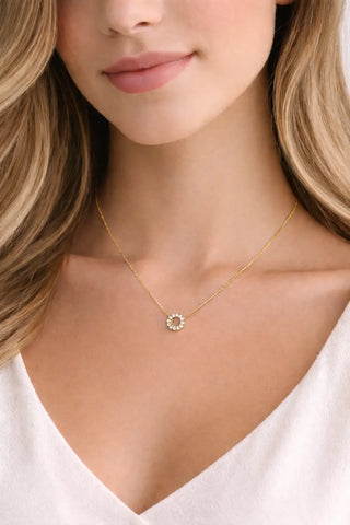 18K Solid Yellow Gold Zirconia Open Circle Pendant Necklace
