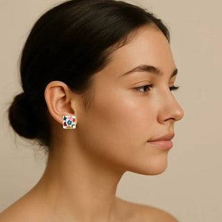 Sterling Silver Multicolor Enamel and Shapes Post Earrings