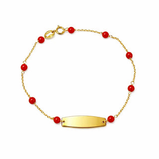 18K Solid Yellow Gold Coral Beads ID Bracelet for Girls
