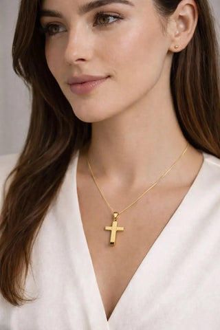 18K Solid Yellow Gold Polished Square Tube Cross Pendant