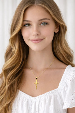 18K Yellow Gold Polished Square Rounded Edge Tube Crucifix