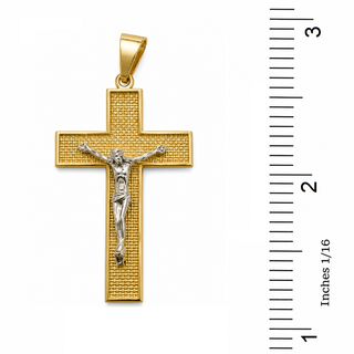 18K Solid Two-Tone Gold Basket Weave Crucifix Pendant with a ruler