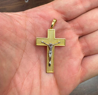 18K Solid Two-Tone Gold Basket Weave Crucifix Pendant