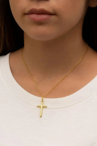18K Solid Yellow Gold Polished Tube Cross with Rounded Ends