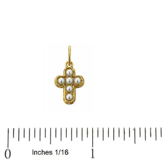 18K Solid Yellow Gold Tiny Pearls Casting Cross Pendant
