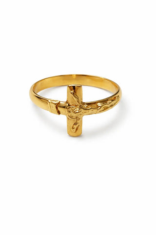 18K Solid Yellow Gold Polished Crucifix Men’s Band Ring
