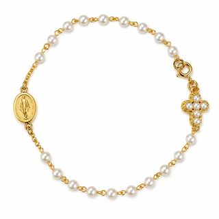 18K Gold Pearl Denarius Bracelet with Pearl Cross and Medal