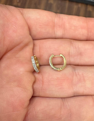 18K Solid Yellow Gold Diamond Hinged Hoop Huggie Earrings