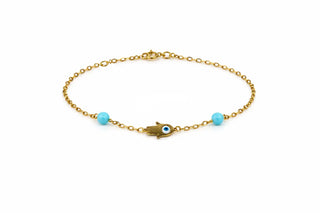 18K Solid Yellow Gold Hamza and Turquoise Beads Bracelet