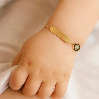 18K Solid Yellow Gold Blue Enamel Evil Eye ID Bracelet