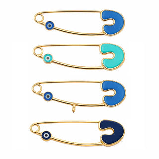 18k Solid Yellow Gold Blue Enamel Mini Evil Eye Safety Pin