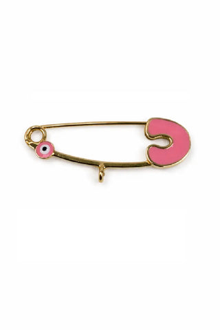 18k Gold Pink Mini Evil Eye Safety Pin with Center Ring