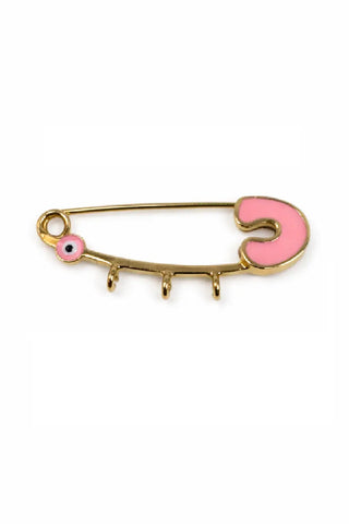 18k Gold Pink Mini Evil Eye Safety Pin with Center Ring
