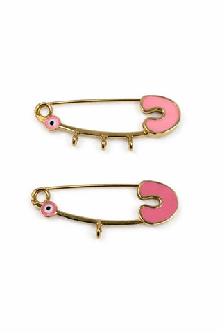 18k Gold Pink Mini Evil Eye Safety Pin with Center Ring