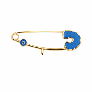 18k Solid Yellow Gold Blue Enamel Mini Evil Eye Safety Pin