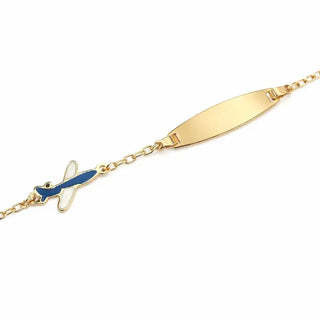 18K Solid Yellow Gold Blue Enamel Airplane Baby ID Bracelet 