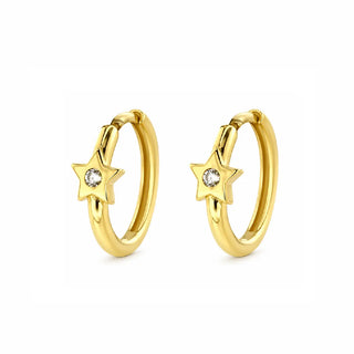 18K Solid Yellow Gold Star Zirconia Hinge Hoop Earrings