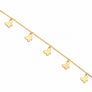 18K Solid Yellow Gold Dangling Mini Butterflies Bracelet