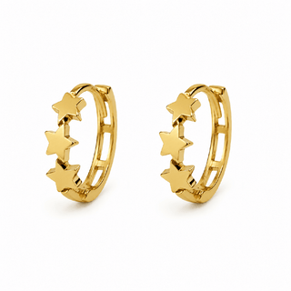 18K Yellow Gold Polished Stars Hinged Hoop Huggie Earrings 