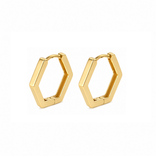 18K Solid Yellow Gold Hexagonal Hinged Huggie Hoop Earrings