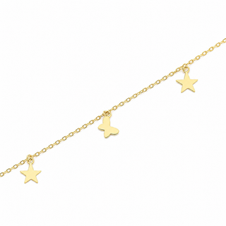 18K Yellow Gold Dangling Mini Stars and Butterflies Anklet Bracelet