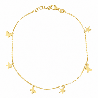 18K Yellow Gold Dangling Mini Stars and Butterflies Anklet Bracelet