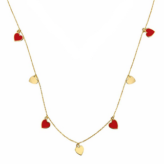 18K Yellow Gold Red Enamel and Polished Hearts Dangle Necklace
