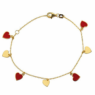 18k Solid Yellow Gold and Red Enamel Hearts Dangle Bracelet
