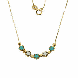 18K Solid Yellow Gold Green and White Mini Flowers Necklace