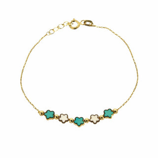 18K Yellow Gold Enamel Turquoise and White Flowers Bracelet