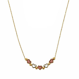 18K Yellow Gold Enamel Pink and White Mini Hearts Necklace 
