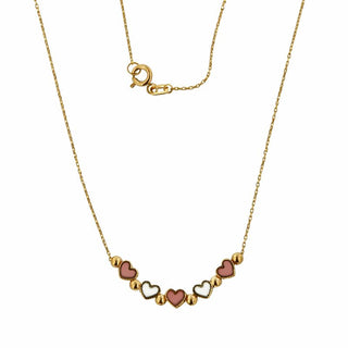 18K Yellow Gold Enamel Pink and White Mini Hearts Necklace 