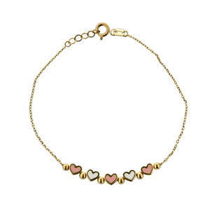 18K Yellow Gold Enamel Pink and White Mini Hearts Bracelet