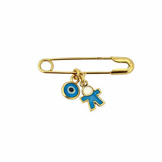 18k Solid Yellow Gold Enamel Blue Boy and Blue Evil Eye Safety Pin