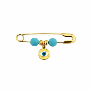 18k Solid Yellow Gold Turquoise Beads and Evil Eye Safety Pin