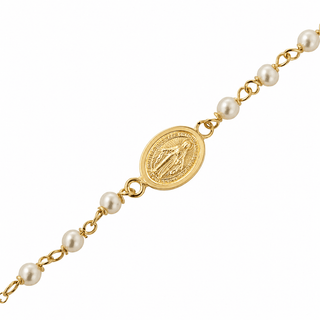 18k Solid Yellow Gold Miraculous Medal and Pearls Bracelet