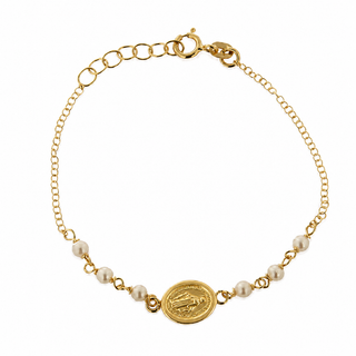 18k Solid Yellow Gold Miraculous Medal and Pearls Bracelet