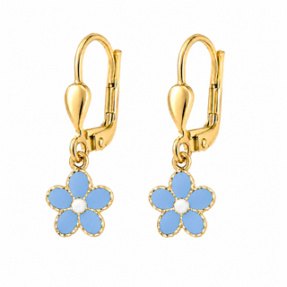18K Solid Gold Enamel Dangle Flower Lever Back Earrings